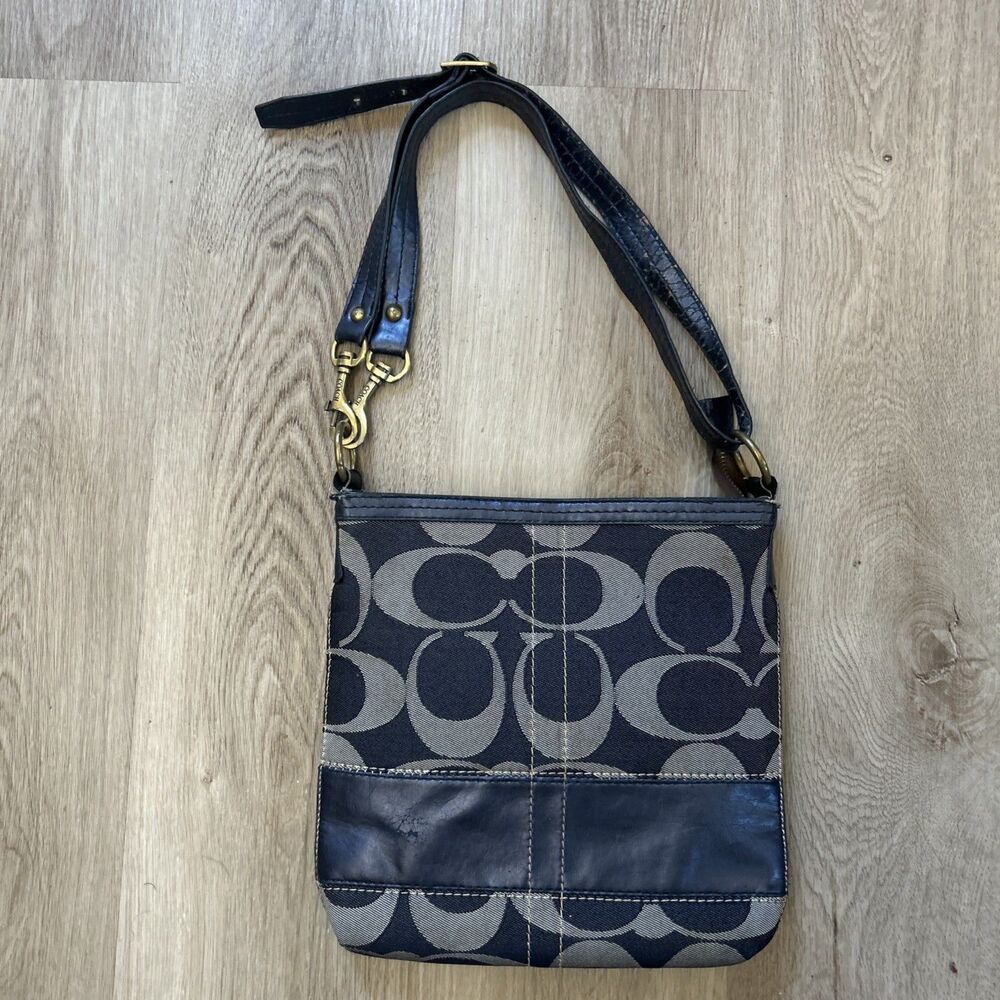 Coach Signature Blue Canvas Leather Shoulder Crossbody Handbag Purse 12431 READ